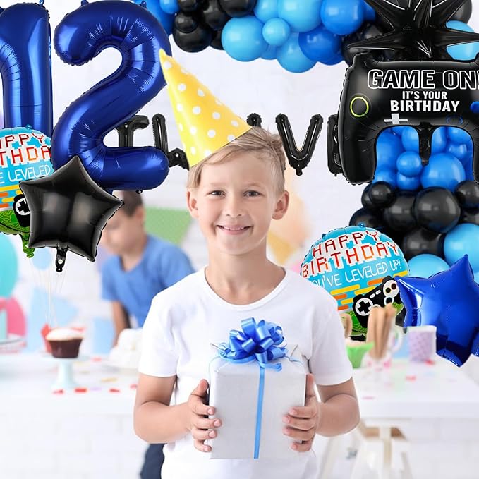 15pcs Video Game Themed Party Decorations, Number 12th Boys Birthday Party Supplies, Navy Blue Video Game Controller Mylar Foil Balloon, Video Game Party Decoration Supplies