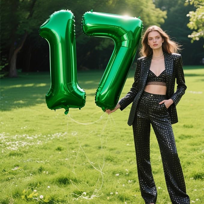 40 Inch Green Number 17 Digital Balloon,Jumbo Mylar Foil Helium Balloon for 17 Balloons for Birthday Party,Wedding Anniversary Party Decorations
