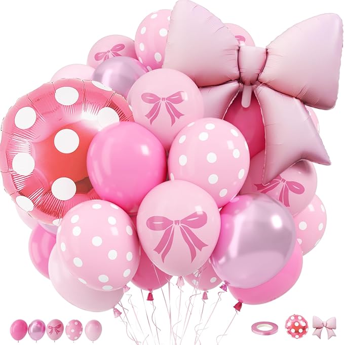 Pink Bow Balloons, 12 Inch Mouse Balloon with Hot Pink Rose Polka Dots Bow Foil Balloon Print Latex Balloons for Mouse Theme Bow's Birthday Party Decoration