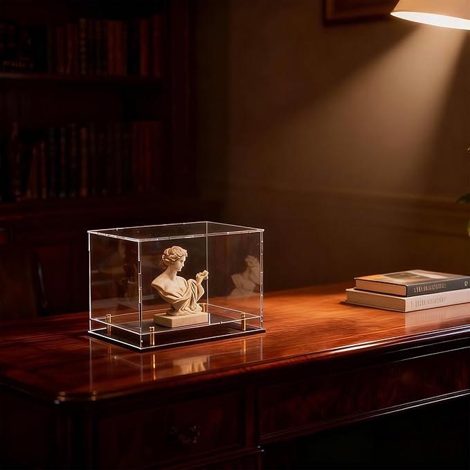 Acrylic Display Case for Collectibles, Dustproof Acrylic Box with Clear Display Elevation & Gold Risers, Large Display Case for Figures Toys Memorabilia, 12" L x 8" W x 9.6" H