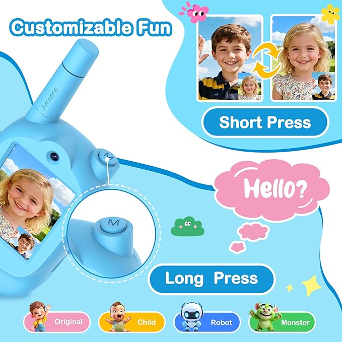 Video Walkie Talkies for Kids, 2 Pack Rechargeable Real-Time Video Chat & Voice Changer Walkies Talkies with Watch Straps, Long Range Family Games, Outside, Gifts for Boys Girls Ages 3-12 Blue&Pink