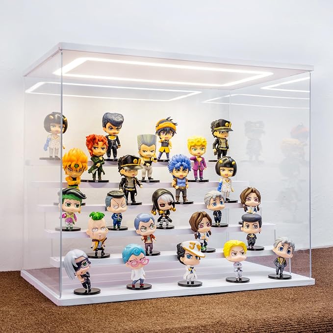 Clear Acrylic Display Case with Light , 6 Tier Display Box Stand Assembly Dustproof Protection Showcase for Collectibles Action Figures (White 6 Tier L 19.7*12.6*16.5in；50×32×42cm)