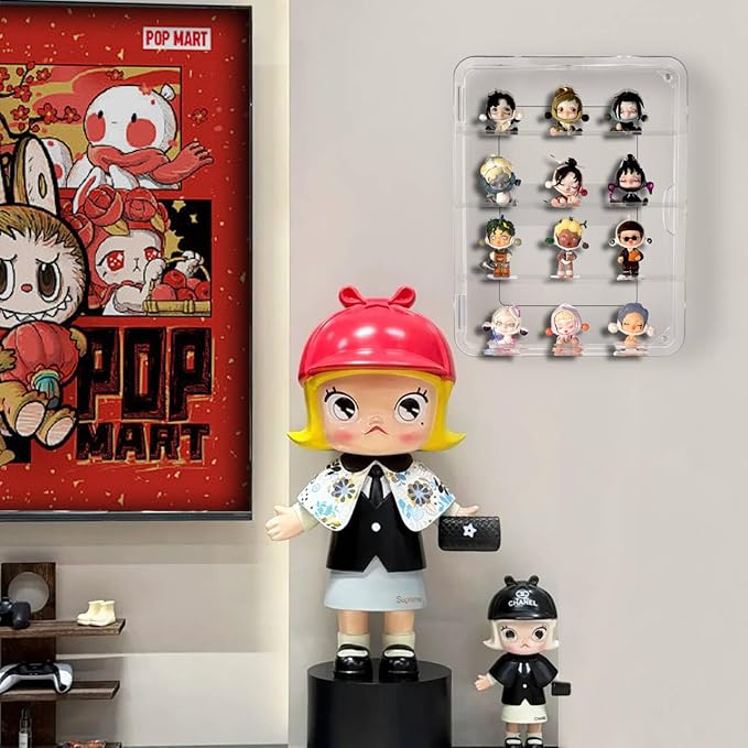 Clear Acrylic Display Case, Figures Display Box Wall Mounted with Lights for Pop Mart Funko Collectibles LEGO Minifigures Mini Action Figurines Mini Toys Pop, 4 Tiers Detachable Desktop Dustproof