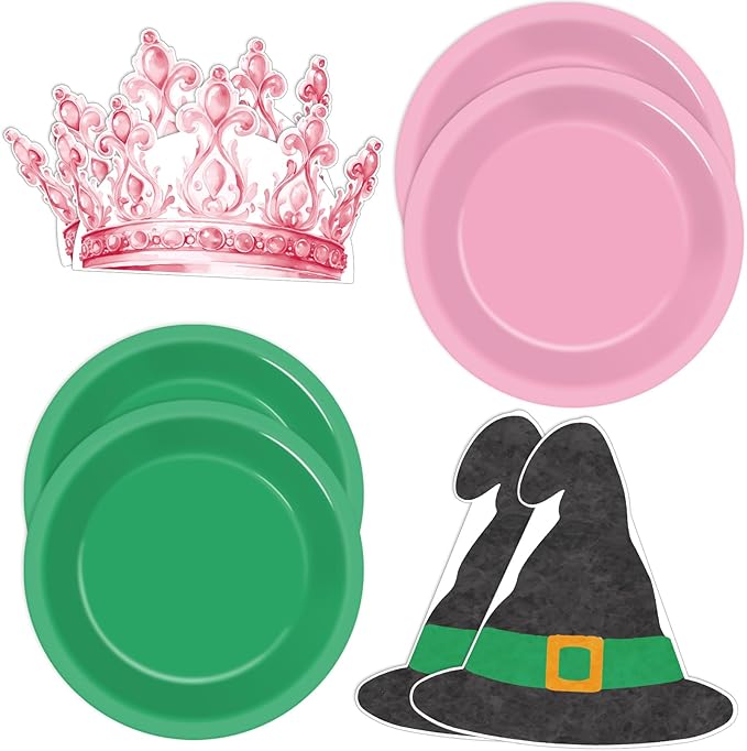 100 Pcs Pink and Green Party Supplies Halloween Witch Paper Plates and Napkins Crown Witch Hat Shape Napkin Disposable Dessert Cake Tableware Set for Women Girls Birthday Baby Shower Party Decorations