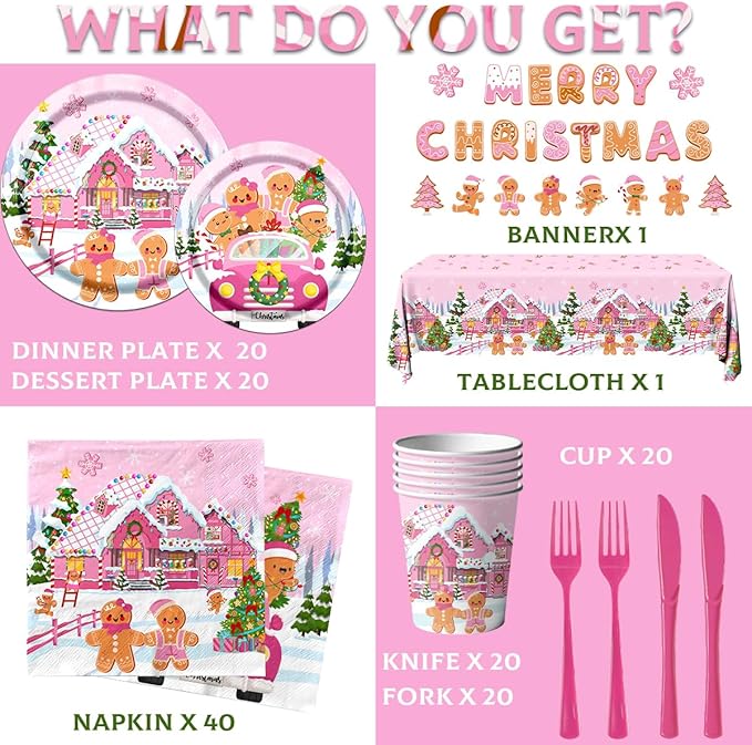142Pcs Gingerbread Christmas Tableware Party Decorations Gingerbread Man Winter Christmas Holiday Party Supplies Pink Cookie House Family Gathering Disposable Banner,Plates,Napkins and Tablecloth