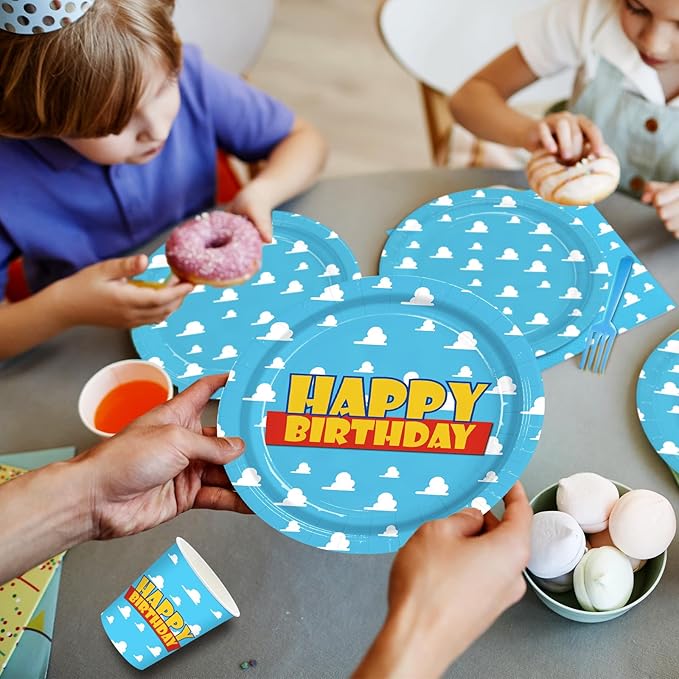 168pcs Cartoon Story Plates Napkins Birthday Party Decorations Disposable Paper Cups Blue Forks Tableware Set Blue Sky White Cloud Party Supplies for Boy kids Birthday Decor Serves 24