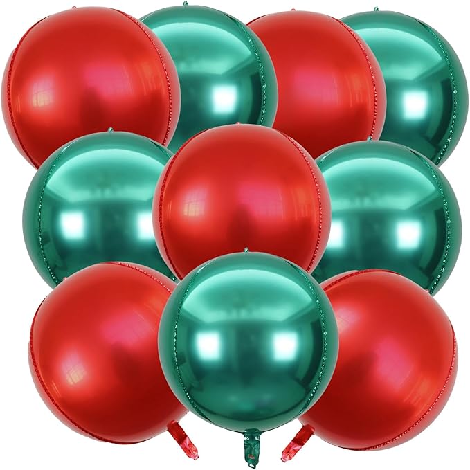 KALOR 22 Inch Red and Green Foil Balloons, 10 Pcs Large 4D Giant Round Metallic Foil Balloon for Birthday Party Baby Shower Graduation Party Decorations