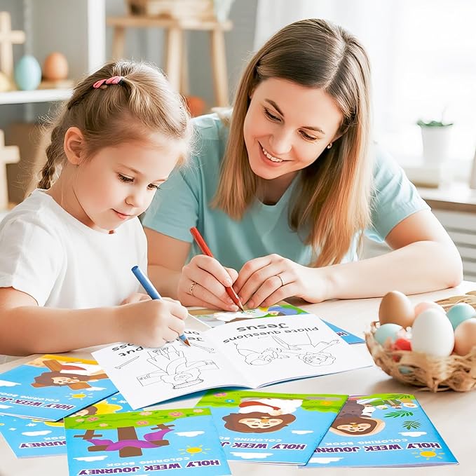 Easter Coloring Books for Kids - 24Pcs Bulk Holy Week Journey Mini Coloring Booklet Religious DIY Art Drawing Book for Toddlers Spring Easter Holiday Party Goodie Bags Stuffers Sunday School Classroom