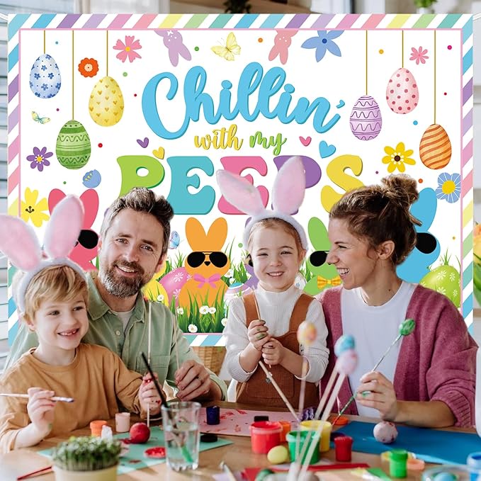 Chillin with My Peeps Banner Backdrop 8x6FT Bunny Happy Easter Peeps Background Spring Party Decorations Supplies Photo Props