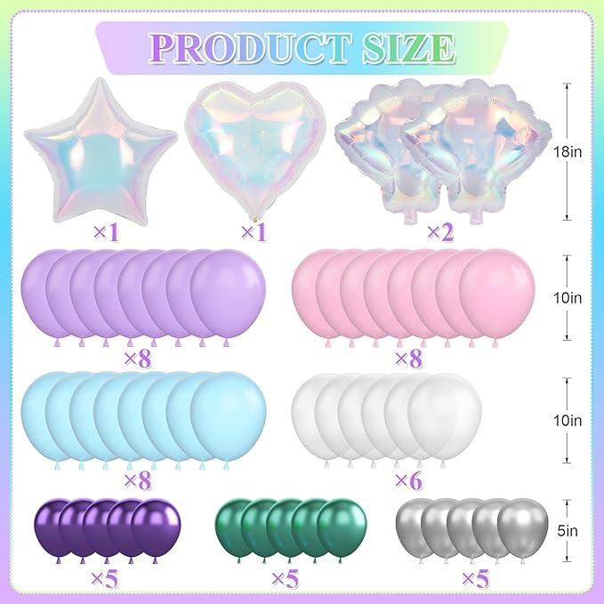 Mermaid Birthday Decorations for Girls Women, Iridescent Birthday Party Decorations, Happy birthday Banner, Pastel Balloons, Fringe Curtains, Star Garland, Cake Toppers for Under the Sea Party Decor