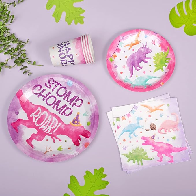 WERNNSAI Pink Dinosaur Birthday Decorations - 64 PCS Dinosaur Plates Napkins Cups Girl Dino Party Decorations Dino Paper Plates for Kids Girls Birthday Baby Shower Serves 16 Guests