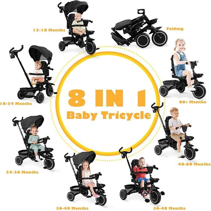 Folding Kids Tricycle, 8 in 1 Toddler Trike W/Removable & Adjustable Canopy, Parent Handle, 5-Piont Harness, Toddler Bike Tricycle for Kids 1-6 Years, EVA Wheels, Storage Basket, Black