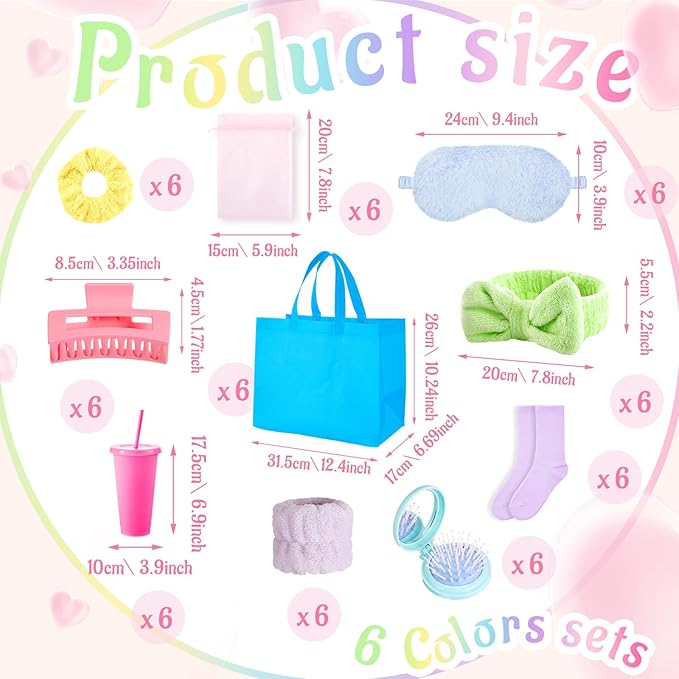 72 Pcs Sleepover Party Supplies Galentines Spa Birthday Slumber Party Favor, Colorful Blanket Pillow Headband Scrunchies Eye Mask Wristband Tote Bag Straw Cup Socks Hair Claw Clip Mirror Comb Bracelet