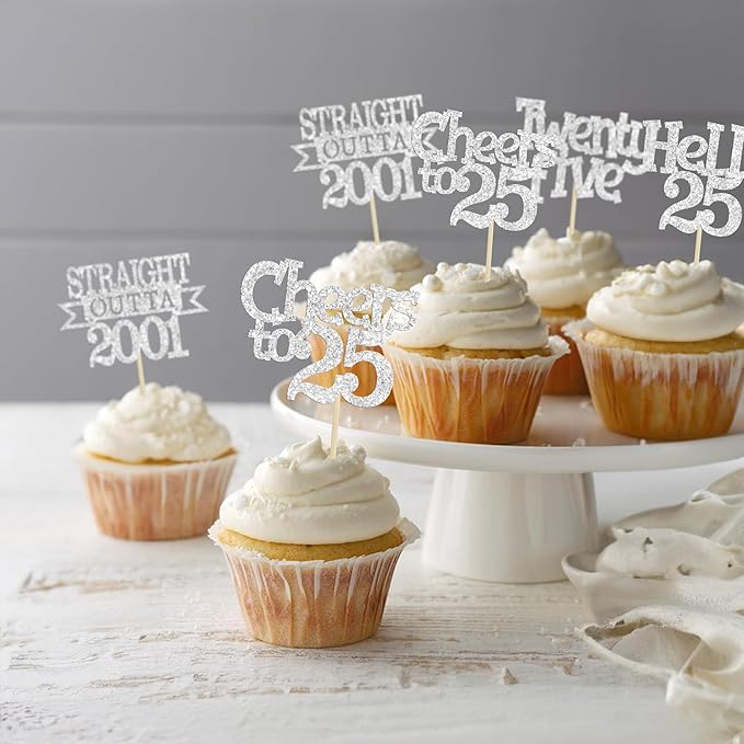Ephlyn 24Pcs 25th Birthday Cupcake Toppers Glitter Straight Outta 2001 Cupcake Picks Hello 25 Cheers to 25 Years Cake Decorations for 25th Birthday Anniversary Party Decorations Supplies Silver