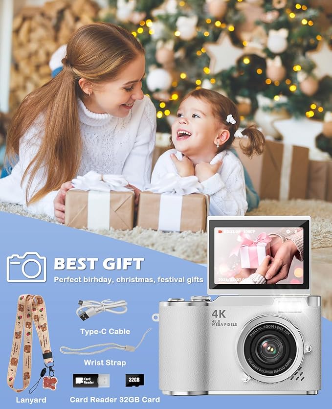 Kids Camera,4K Digital Camera for Photography,48MP 1080P HD Video Selfie Camera,with 180° Flip Screen Flash,with 32GB SD Card,for Starter Kid Children Teen Student Girl Boy(White)