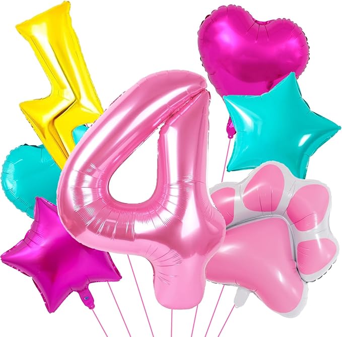 Super Cat Birthday Party Supplies, Super Cat Balloons, Pink Number 4 Balloon 40 Inch, Paw, Lightning And Heart Balloons, 4th Birthday Decorations For Girls