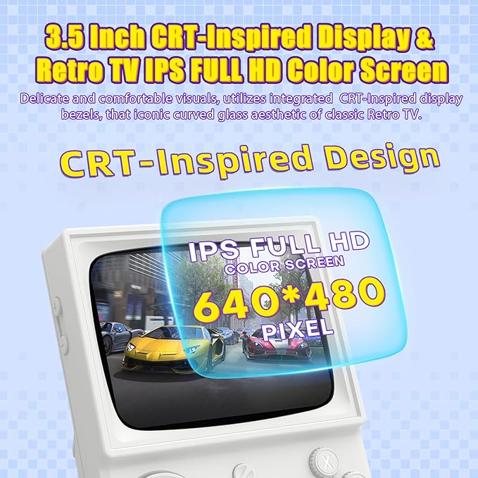 R36T Retro Gaming Console, 3.5'' IPS Screen CRT-Inspired, Handheld Game Console with 18000+ Classic Games Supports WiFi Networked Fighting and OTG, 3500mAh Battery, with Portable Case(White 64GB)