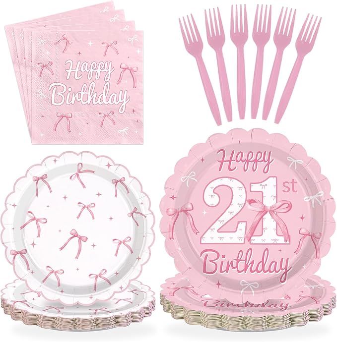96Pcs Pink Bow Party Supplies Coquette 21th Birthday Party Plates and Napkins Disposable Bow Themed Tableware Set for Girl Happy 21th Birthday Baby Shower Decorations, Serves 24