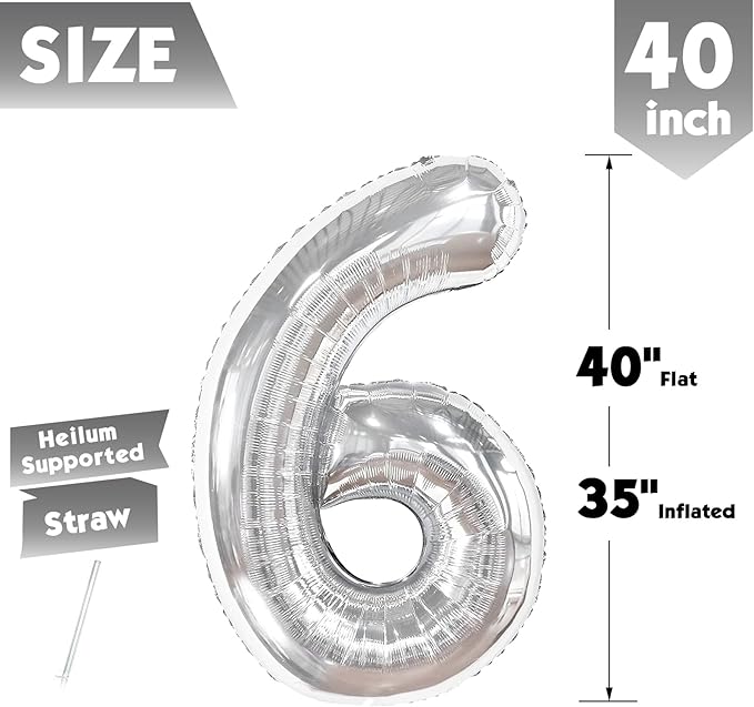 40 Inch Silver Number 6 Balloon, Giant 6 Number Balloons for 6th Birthday Decorations, Party Supplies for Baby Boy Girl, Silver Party Decor