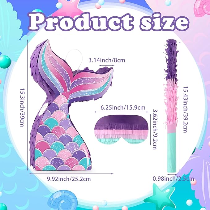 Mermaid Tail Pinata Glitter with Stick Blindfold Mermaid Birthday Party Decoration Mermaid Pinata Game for Girls Kids Carnival Under the Sea Ocean Theme Party Supplies (15.3"x10")