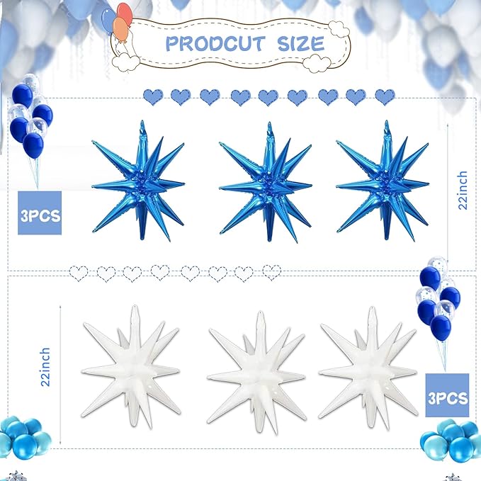 6 Pcs White Blue Star Foil Balloons One-Piece 14-Pointed Star Balloon 4D Starburst Cone Mylar Balloon 22inch Christmas Birthday Wedding Wedding Anniversary Party Supplies (White + Blue)