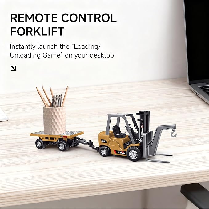 BRRRRT 1/64 Full Proportional RC Forklift Toy,8 Channel 2 Mode Mini Remote Control Forklift Truck with Flatbed Tow Truck,2 in 1 Transformable Lift Fork & Hook with Rechargeable Battery for 4+ Kids