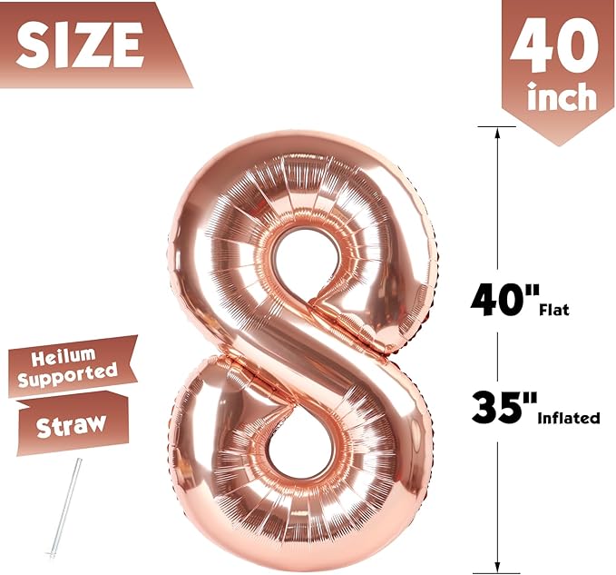 40 Inch Rose Gold Number 8 Balloon, Giant 8 Number Balloons for 8th Birthday Decorations, Party Supplies for Baby Boy Girl, Rose Gold Party Decor