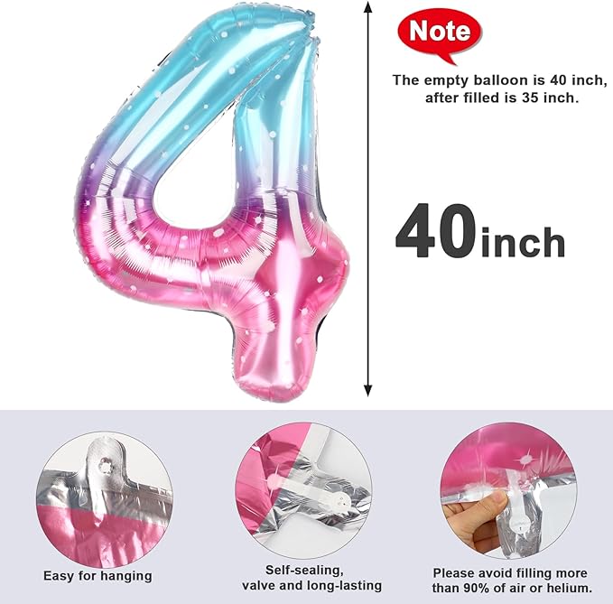40 Inch Large Numbers Balloon, 4 Pink Purple Blue Ballon for 4th 14 40 44 Birthday Party, Balloon 4 Number for Graduations Wedding Supplies