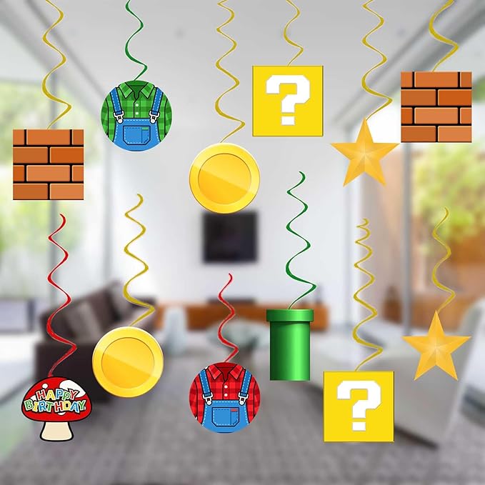 Video Games Party Decorations Super Adventure Party Decor, Assembled and Ready to Use, Cartoon Theme Party Hanging Swrils 24pcs Party Streamers Kids Boys Birthday Party Decor Supplies