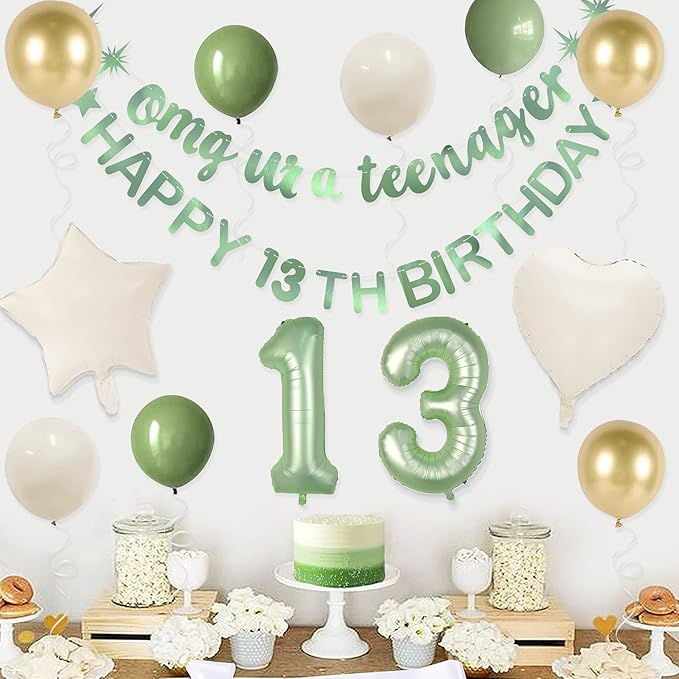 Sage Green Omg Ur A Teenager Happy 13th Birthday Banner Garland Foil Balloon 13 for 13 Birthday Decorations Official Teenager 13th Birthday Decor for Teen Girls 13 Years Old Birthday Party Supplies