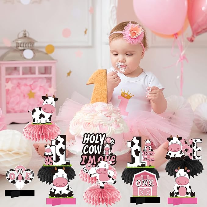 Holy Cow I'm One Birthday Decorations Girls, Cow First Birthday Honeycomb Centerpiece Party Supplies, Baby 1st Birthday Cow Themed Table Toppers Sign Decor