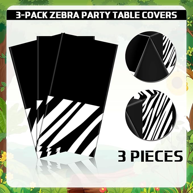 Buryeah 3 Pcs Zebra Tablecloth Zebra Print Plastic Table Cloth Disposable Tablecloth Animal Safari Table Cover 54 x 108'' for Baby Shower Wedding Birthday Party Decorations Supplies (Black)
