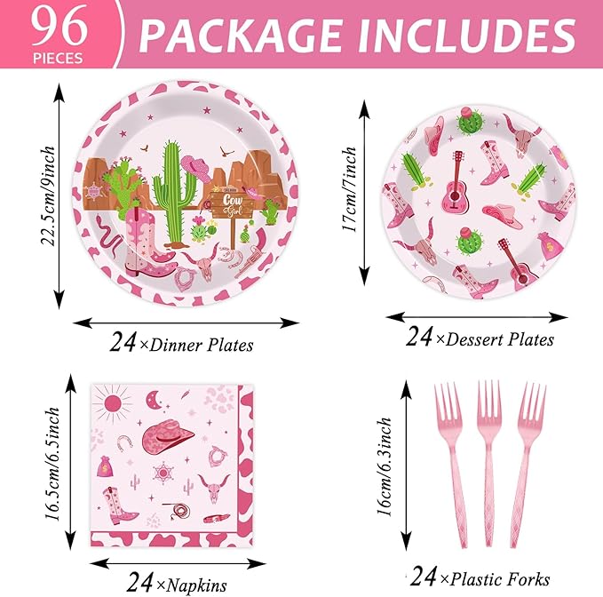 96Pcs Western Cowgirl Party Supplies Paper Plates Napkins Pink Cowgirl Bachelorette Cactus Party Tableware Set Wild West Rodeo Birthday Decorations Favors for Kids Baby Shower Farm Decor Serves 24