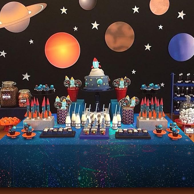 2Pcs Iridescent Space Tablecloths, Disposable Plastic Blue Galaxy Table Cloth Rectangle Table Covers for Space Starry Night Star Theme Party Birthday Party Decorations, 54x108 Inch