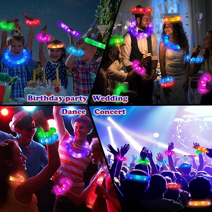 Easter Basket Stuffers for Toddlers-6 PCS Light Up Pop Tube Toys Gifts for Kids,LED Glow Stick Bracelet Necklace Party Accessories,Fun Outdoor Camping Essentials Games Activities for Boys Girls