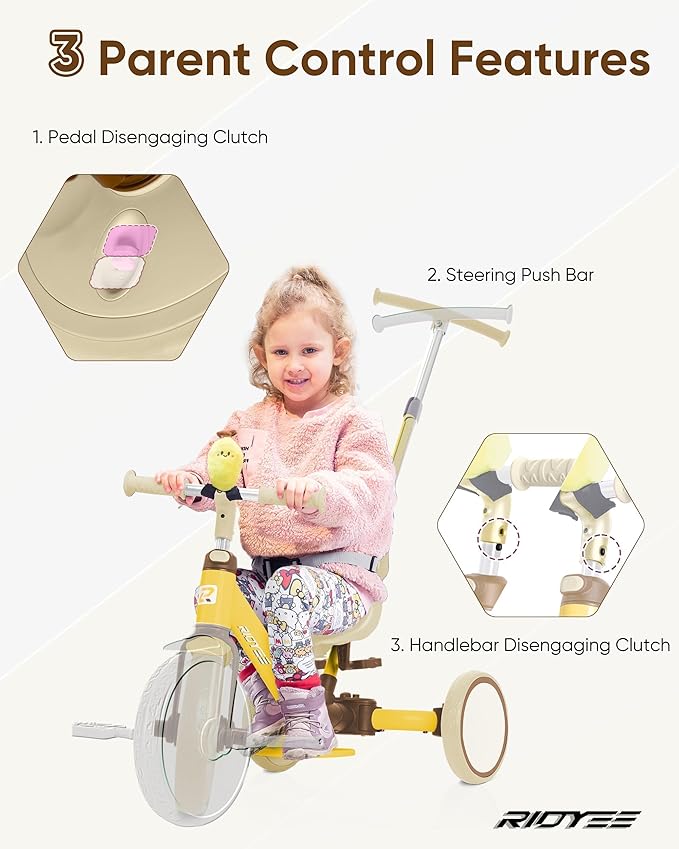 5-in-1 Kids Tricycle for Toddlers 1.5-3, Tool-Free Convertible Kids Push Trike to Balance Bike, Safety Belt, Removable Backrest and Footrest, Ride-On Toy for Boys & Girls, Yellow