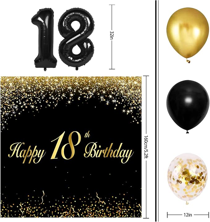 Happy 18th Birthday Balloons Black Set Decor - Cheers to 18 Years Old Party Theme Garland Banner Backdrop Decorations For Women and Men Supplies