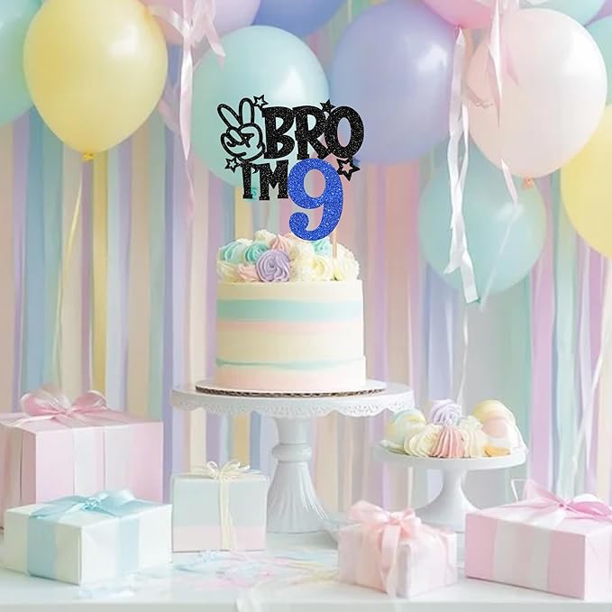 1 PCS Brother I'm 9 Cake Topper Glitter Star Happy 9th Birthday Cake Pick Bro I'm 9 Cake Decoration It's My 9th Birthday Decorations for Boys Cheers to 9 Years Old Birthday Party Supplies Blue
