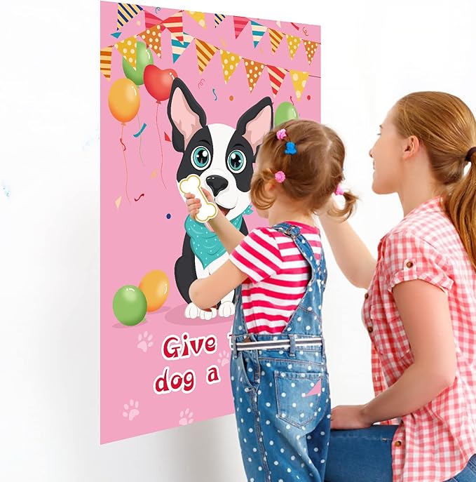 Hooqict Pin The Bone on The Dog Party Game for Kids Birthday Party Games Dog Themed Birthday Supplies Puppy Party Favors for Boys Girls, Large Pin The Tail Poster with 48 Bone Stickers
