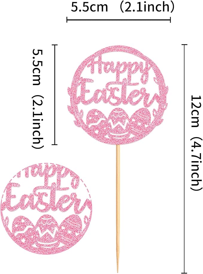 Ercadio 24Pcs Happy Easter Cupcake Toppers Glitter Pink Happy Easter Eggs Cupcake Picks for Easter Day Theme Baby Shower Easter Birthday Wedding Anniversary Party Cupcake Decorations