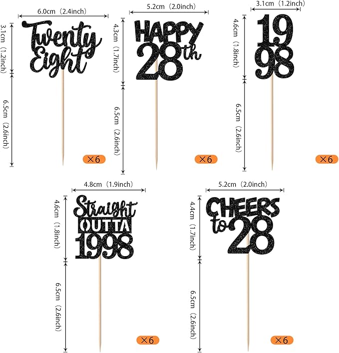 30PCS Black 28th Birthday Cupcake Toppers Glitter Twenty Eight Happy 28th Straight Outta 1998 Cupcake Picks for Cheers to 28 Years Birthday Wedding Anniversary Party Cake Decorations Supplies