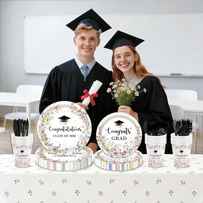 168 Pcs Class of 2026 Plates Cups Napkins Tablecloth Set Wildflower Graduation Party Supplies Floral Class of 2026 Graduation Decorations Serve 24 Guests