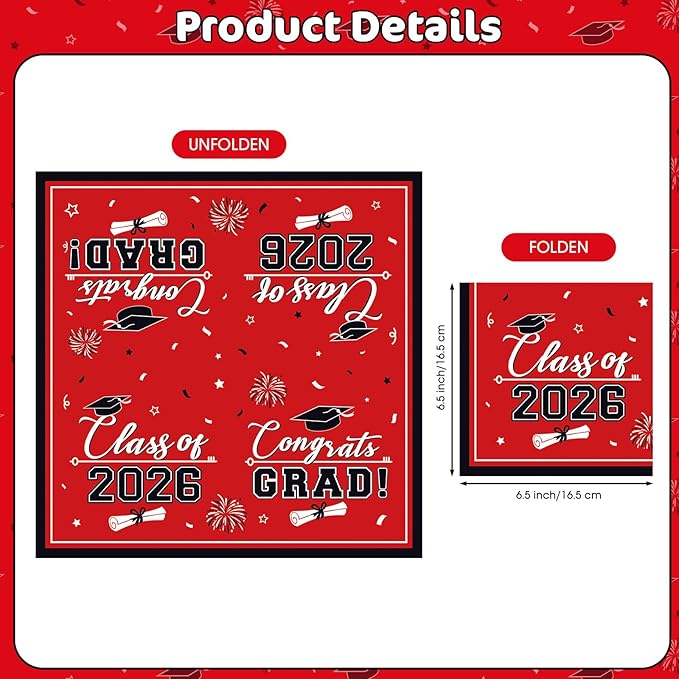 50 Pcs Graduation Napkins Class of 2026 - Red Congrats Grad Napkins Set, 3-Ply Disposable Graduation Luncheon Dinner Party Paper Napkins for Grad Party Supplies Table Decoration