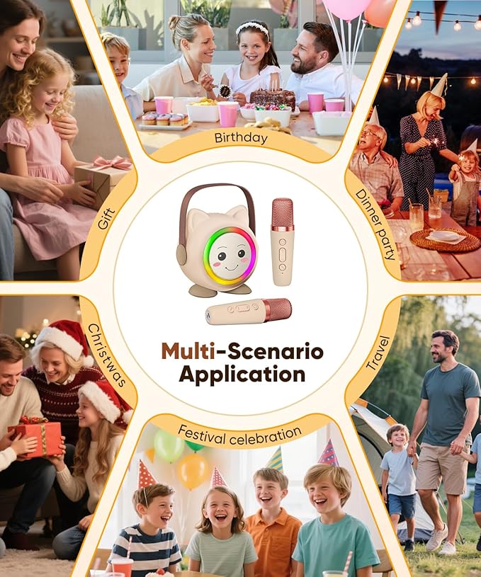 Mini Karaoke Machine Toy for Kids, Portable Karaoke Machine with 2 Wireless Microphone for 4,5,6,7,8,9,10,11,12+ Years Old Christmas Birthday Gifts Girls Boys (Beige)