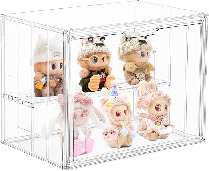 Clear Acrylic Display Case Upgrade 4 Tier Figure Display Cases with 3 Movable Dividers, Stackable Display Box Showcase with Magnetic Door for Collectibles (Large-1pack)