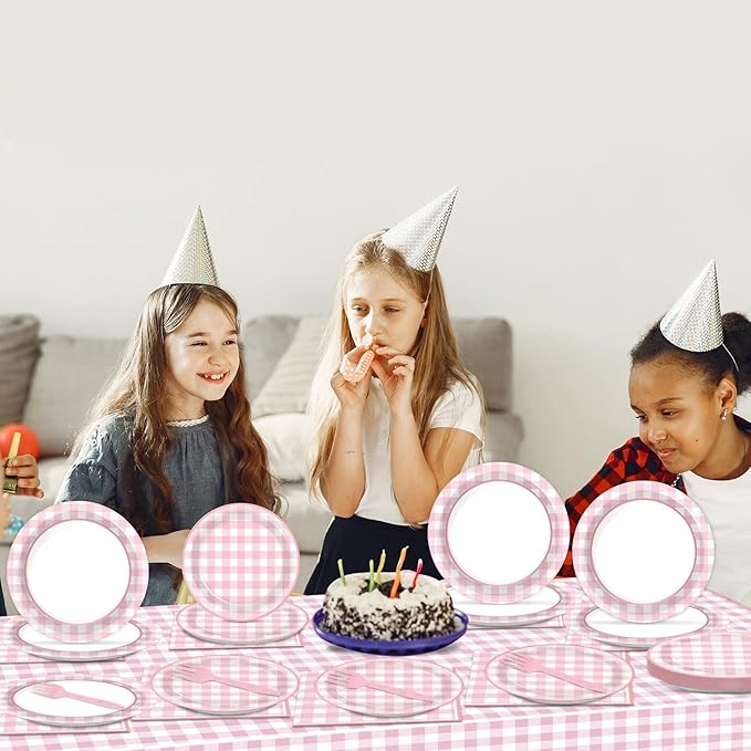 98 Pieces Pink checkered Party Supplies for 24 Guests Pink and White Checkered Tableware Set Plaid Plates Napkins Tablecloth Party Decorations for Birthday Barbecue Picnic Dinner Favors