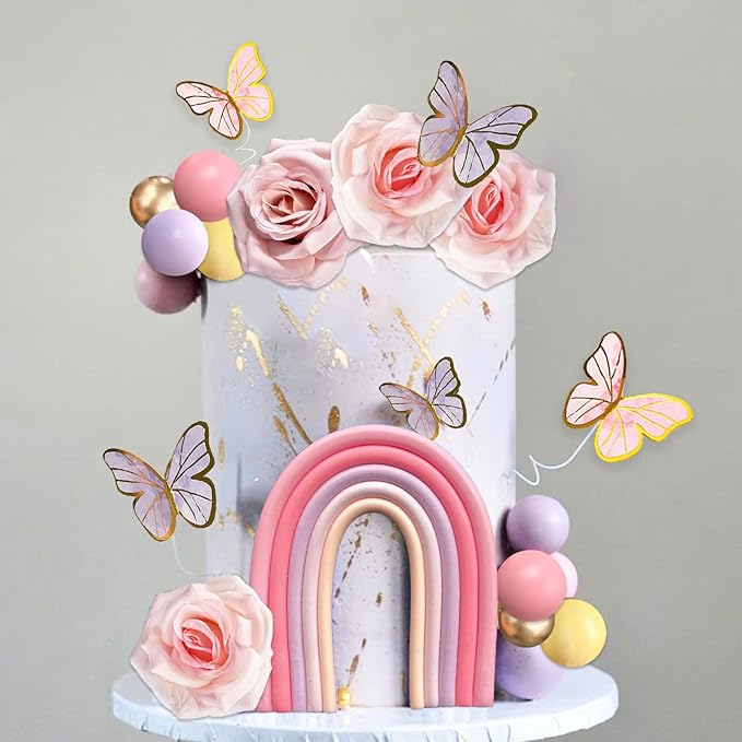 52Pcs Rainbow Cake Topper Butterflies Cake Decorations with Colorful Balls Flower Cake Toppers for Women Girls Kids Birthday Baby Shower Wedding Rainbow Flower Butterfly Themed Party Supplies