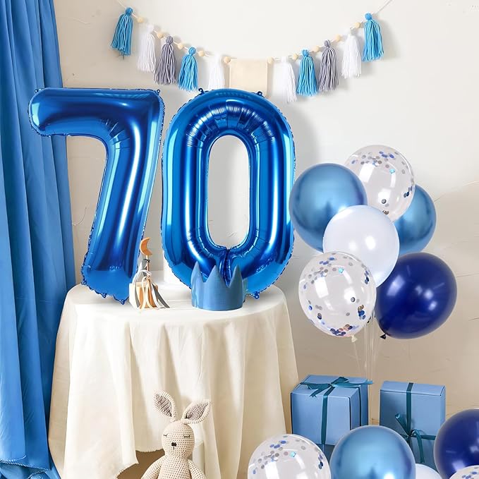 Giant Number Foil Balloon 70, Dark Blue Self Inflating 70th Birthday Balloon for Men, 40'' 70 Balloon Light Navy Blue with Metallic Silver Confetti Balloon for Anniversary Party Decorations Supplies