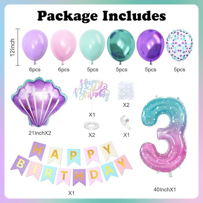 Mermaid 3rd Birthday Decorations for Girls,3rd Party Decorations Metallic Purple Green Pink Blue Latex Balloons Number 3 Seashell Foil Balloons Banner Cake Topper Sea Party Decor