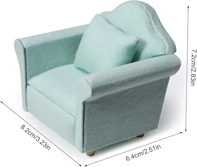 Dollhouse Couch Miniature Furniture Sofa with Pillows for Living Room Desktop Decoration Fabric Sofa Mini Home Scene Accessories Ornament (Single Sofa, Green)